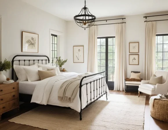 Vintage-Inspired Iron Bed with Modern Lighting