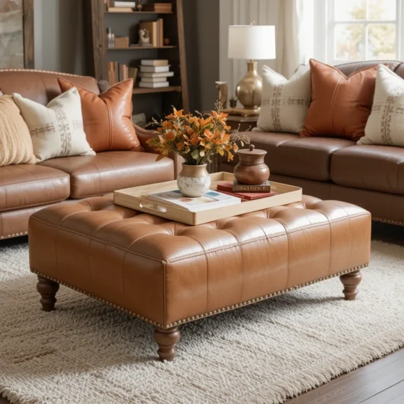 Caramel Leather Ottoman