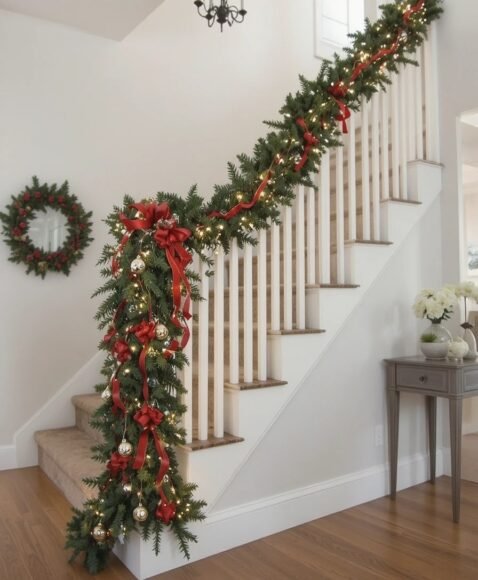 Christmas Staircase with Garland and Lights