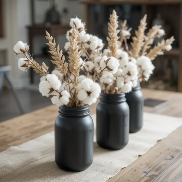 Cotton Stems in Black Mason Jars