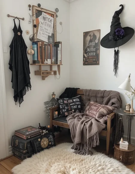 Cozy Witchy Corner with Books and Blankets
