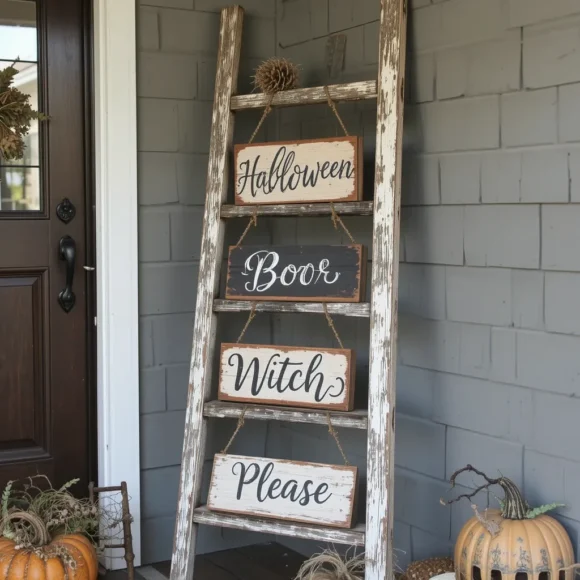 Farmhouse Ladder with Hanging Halloween Signs