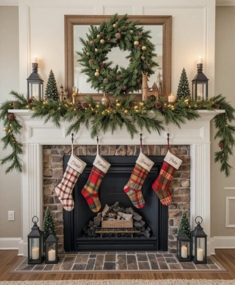 Fireplace Mantel with Garland and Stockings