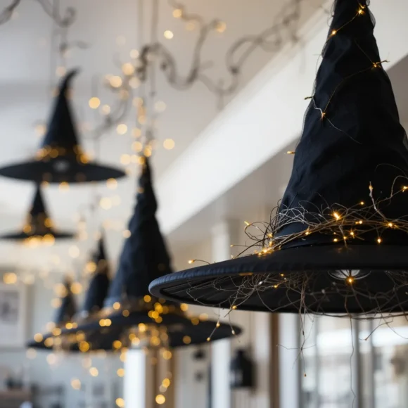 Hanging Witch Hats with Twinkle Lights