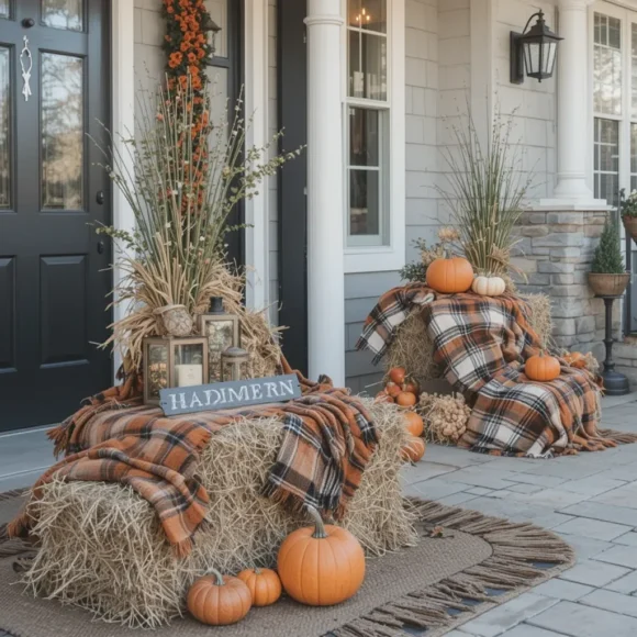 Hay Bales with Plaid Blankets