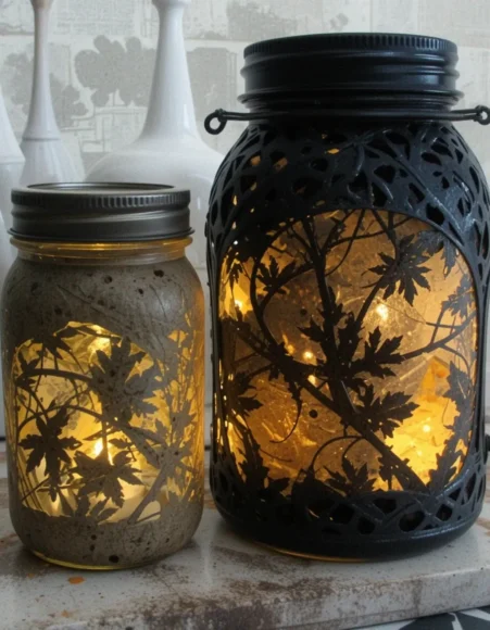Mason Jar Lanterns with Leaf Cutouts