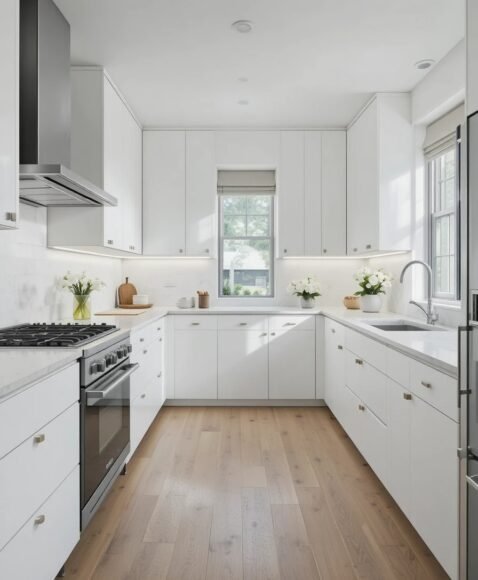 Minimalist White Cabinets with Hidden Handles