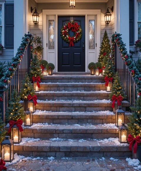 Outdoor Stairs Styled for Holiday Welcome