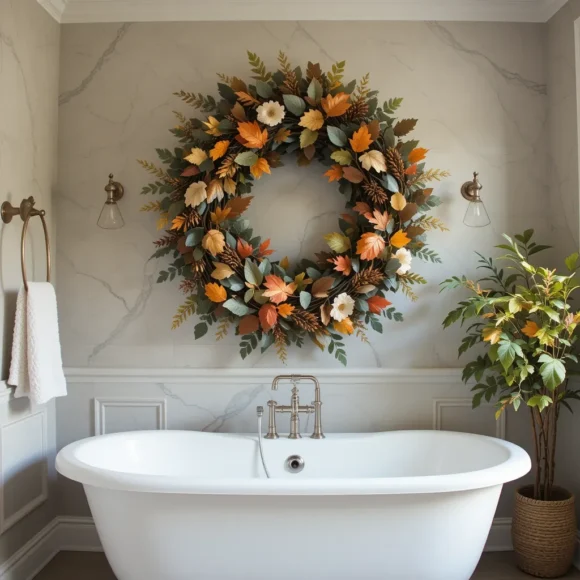 Oversized Fall Wreath Above the Tub