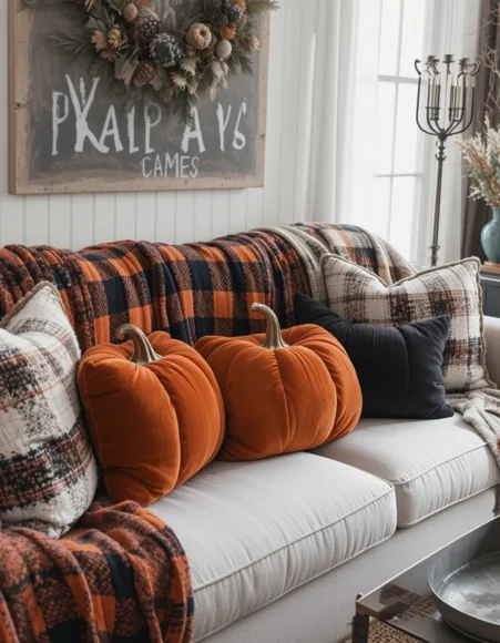 Plaid Blankets with Pumpkin Pillows
