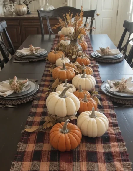 Plaid or Gingham Table Runners with Mini Pumpkins