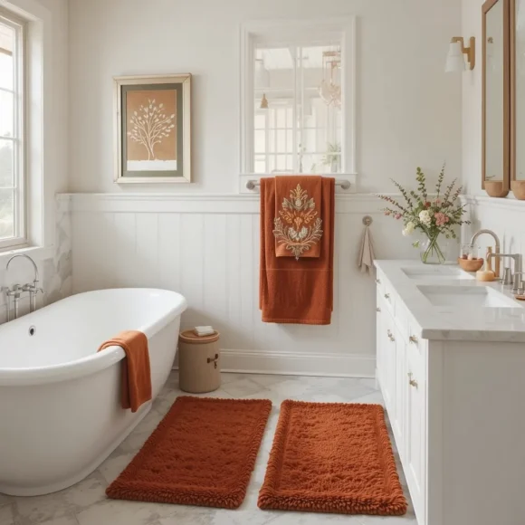 Rust-Colored Bath Towels and Rugs