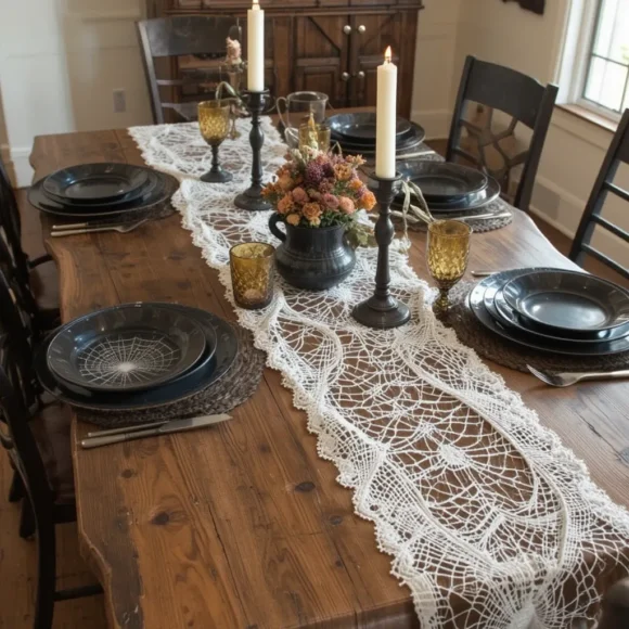 Spider Web Table Runners on Wood Tables