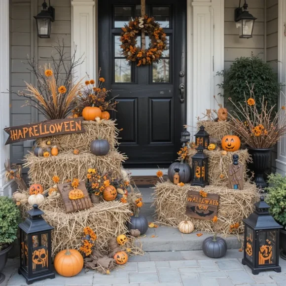 Stacked Hay Bales with Halloween Signs