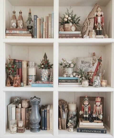 Stocked Bookshelves with Mini Decor