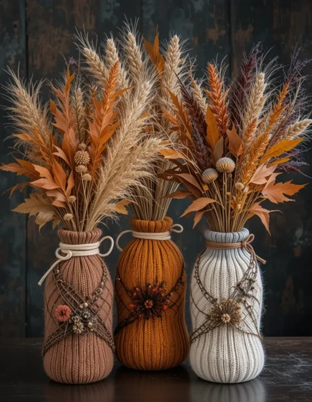 Sweater-Wrapped Vases with Dried Flowers