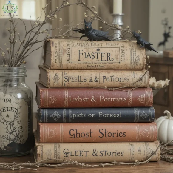 Vintage Book Stack with Spooky Titles