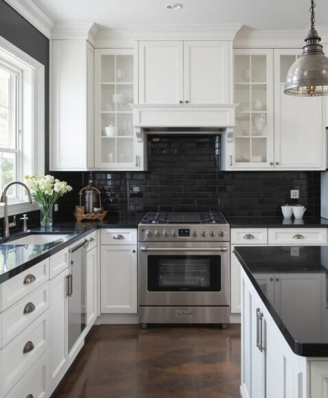 White Cabinets with Black Countertops