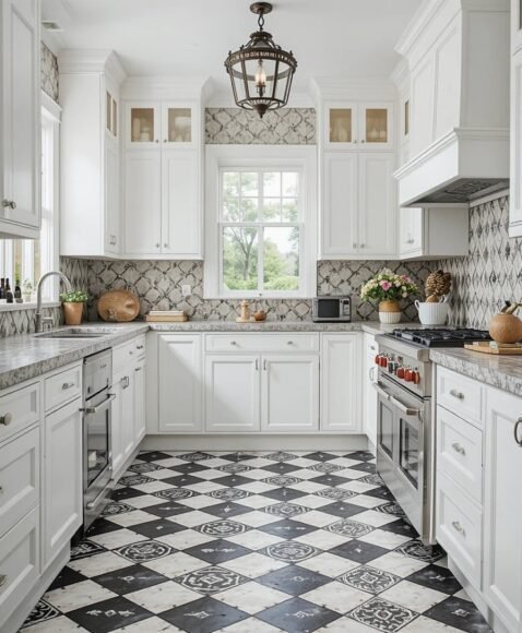 White Cabinets with Bold Flooring