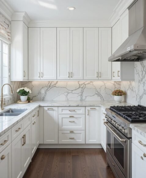 White Cabinets with Marble Backsplash