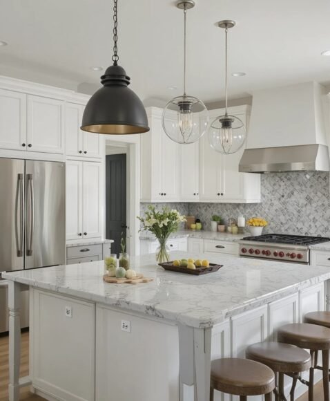 White Cabinets with Statement Lighting