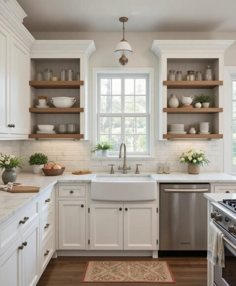 White Shaker Cabinets in a Farmhouse Kitchen