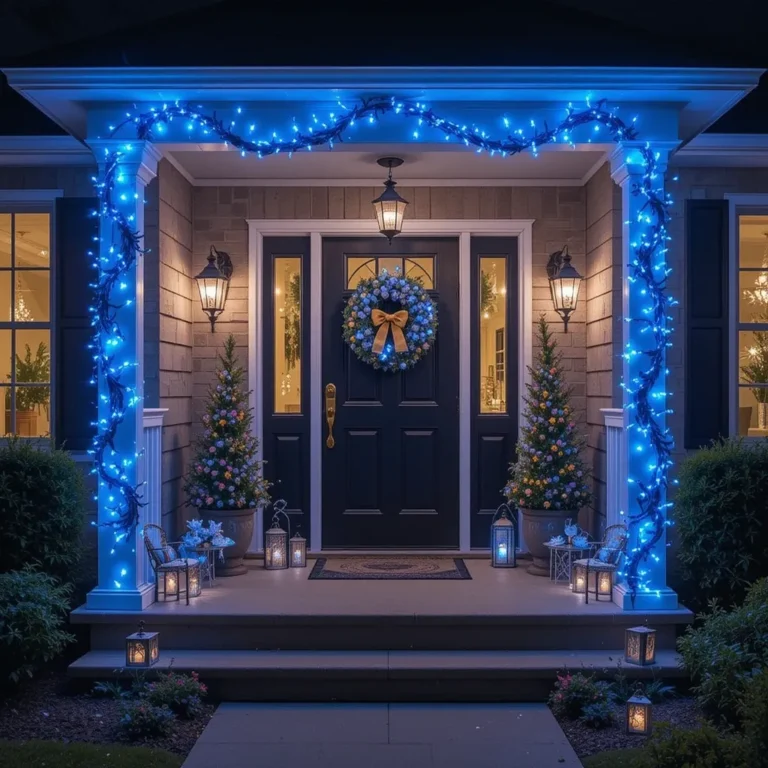 Blue String Lights Around the Porch Frame