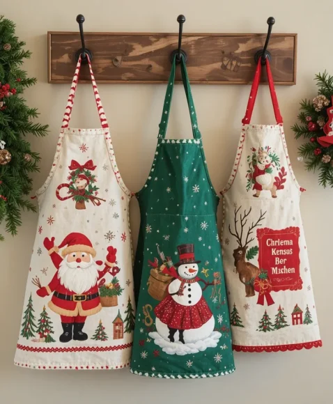 Holiday Aprons on Hooks