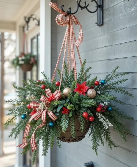 Outdoor Hanging Baskets with Holiday Greens