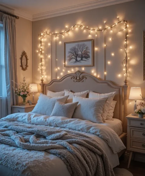 Twinkling Fairy Lights Around the Headboard
