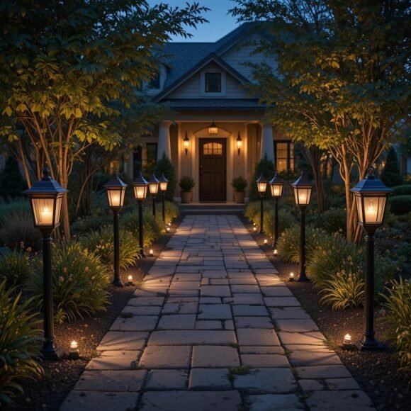 Solar-Powered Lanterns Along the Driveway