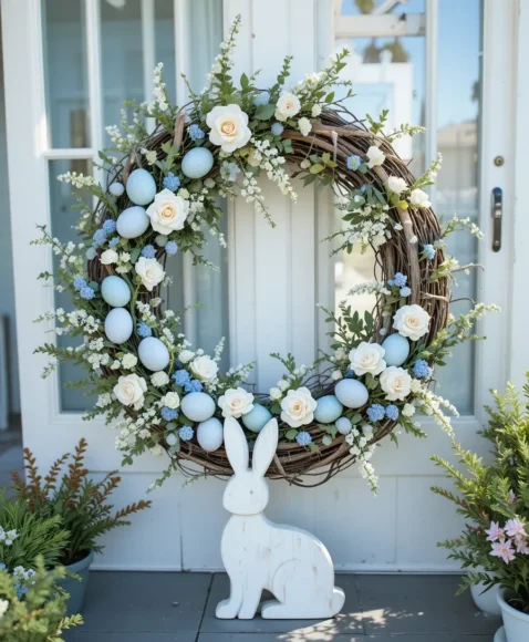 Blue and White Coastal Bunny Wreath