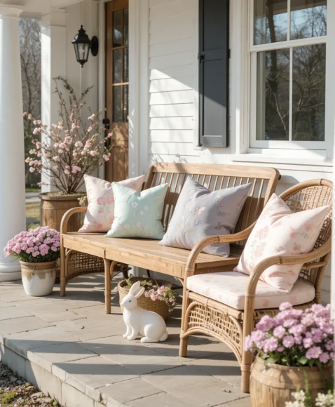 Easter Porch Seating With Seasonal Pillows