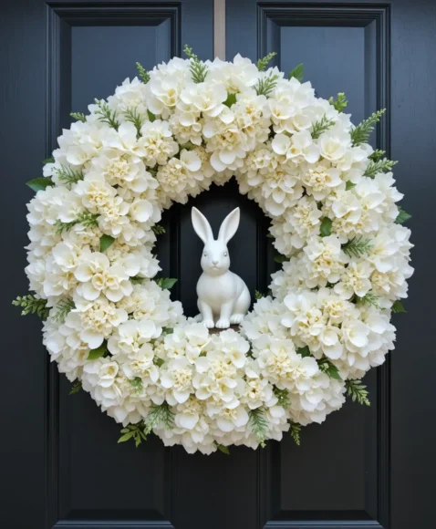 Elegant White Bunny and Hydrangea Wreath