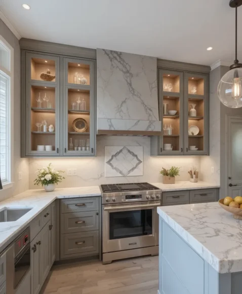 Microcement with Glass Cabinet Contrast