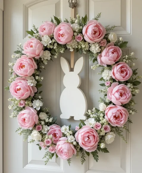 Pink Peony Bunny Frame Wreath for a Soft Feminine Touch