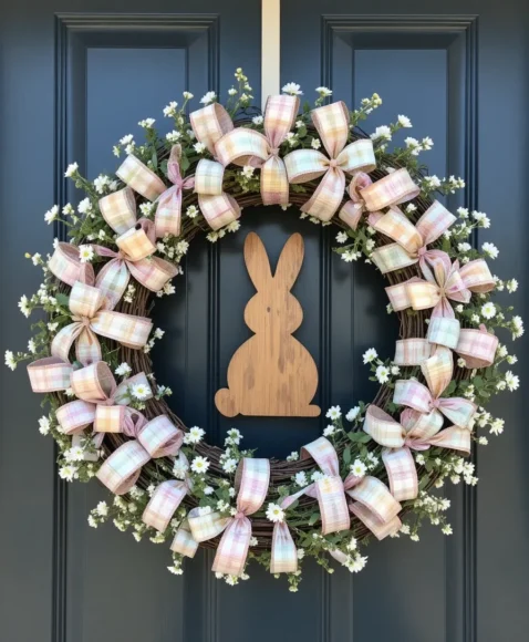 Plaid Ribbon Bunny Wreath with Classic American Charm