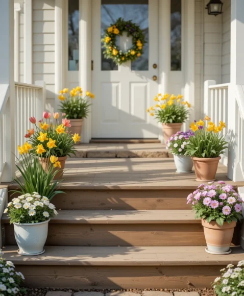 Potted Spring Flowers on Porch Steps