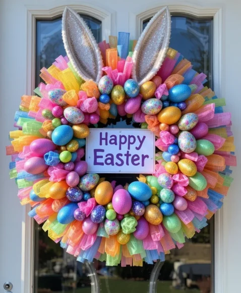 Rainbow Deco Mesh Bunny Wreath for a Bold Statement