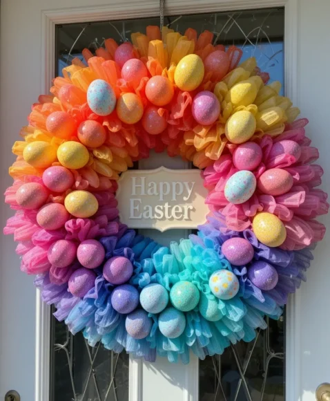 Rainbow Deco Mesh Egg Wreath for a Bold Statement Door