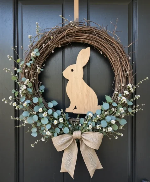 Rustic Farmhouse Bunny Wreath with Burlap and Greenery