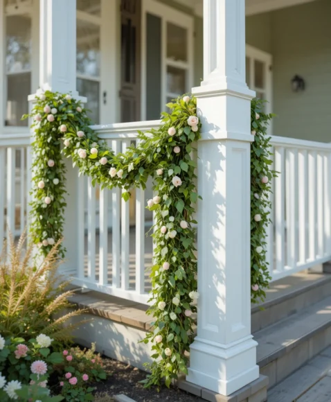 Spring Greenery Garland on Porch Railings