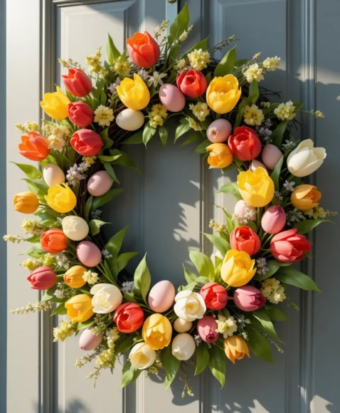 Tulip and Egg Garden Wreath Inspired by a Spring Meadow
