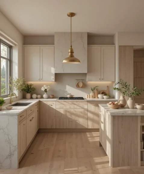 Warm Beige Microcement with Oak Cabinets