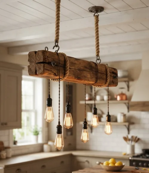 Wooden Beam Pendant with Hanging Bulbs