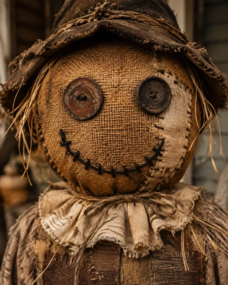 Rusty Tin Button Eyes and Hand-Stitched Smile