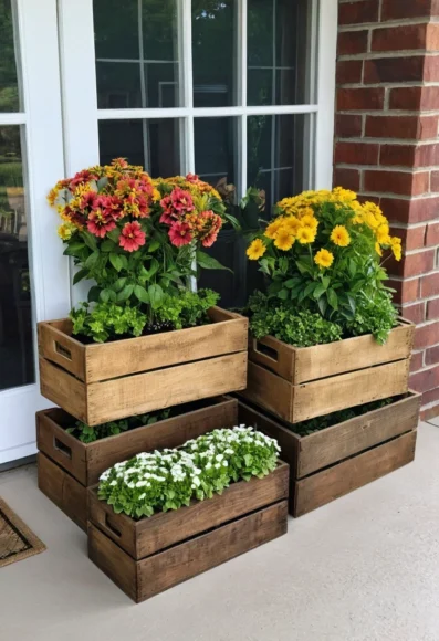 Rustic Wooden Crate Flower Pots