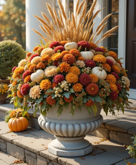 Layered Mum and Pumpkin Tiered Planter
