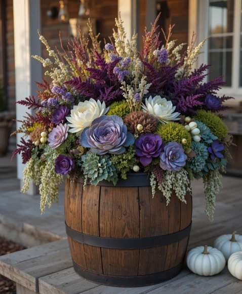 2. Rustic Whiskey Barrel with Ornamental Kale