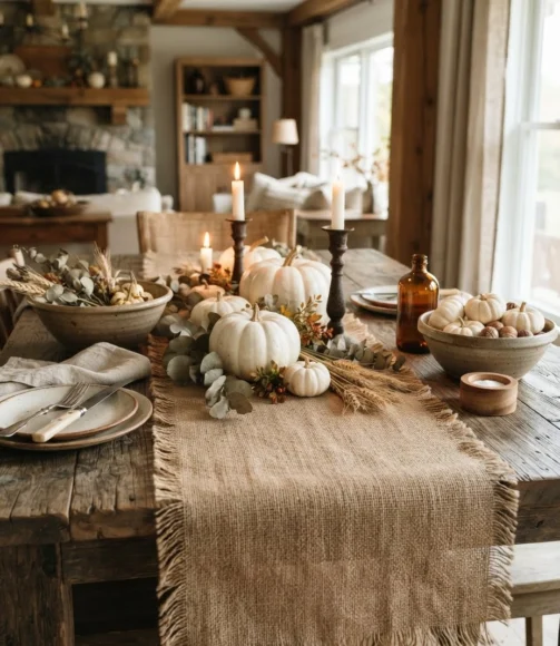 A Burlap Table Runner with Frayed Edges